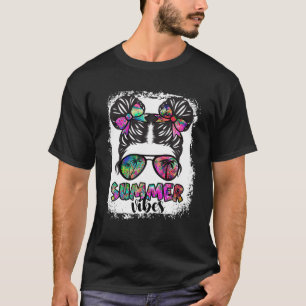 Bleaching Tie Dye Summer Vibes Messy Bun Skull T-shirt