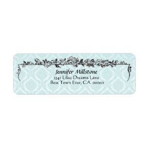 Bleek Aqua Blue Damask en Flowers Address Label