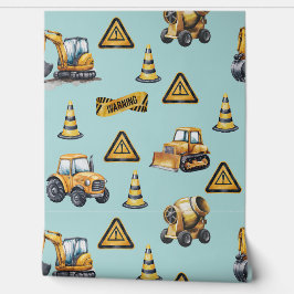 Bleek blauw en geel bouwvoertuigen behang