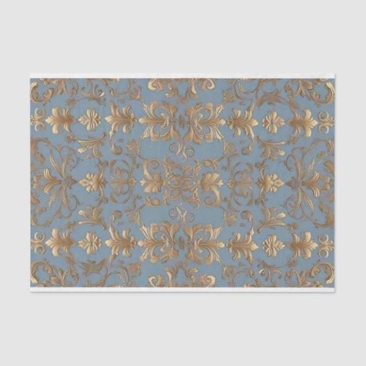Bleek Blauw en Goud Damask Decoupage Tissue Paper Tissuepapier (Voorkant)