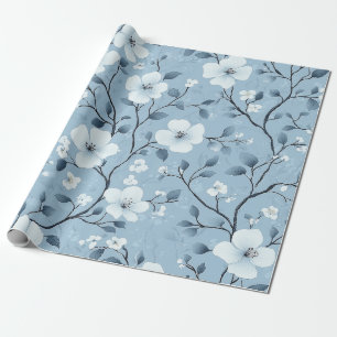 Bleek blauw en wit bloemenwijnpatroon cadeaupapier