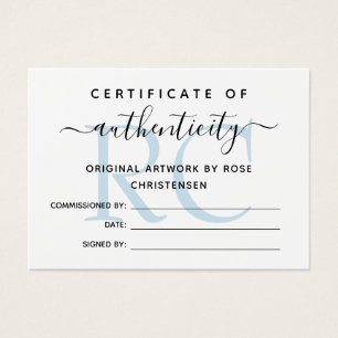 Bleek blauw monogram certificaat van echtheid visitekaartje