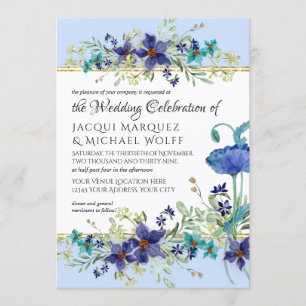 Bleek blauw n Gold Waterverf Poppy Floral Wedding Kaart