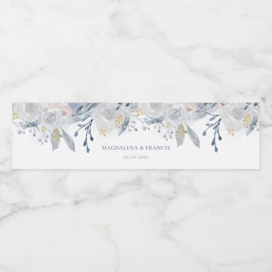 bleek blauw rozen bruiloft waterfles etiket (Enkel label)