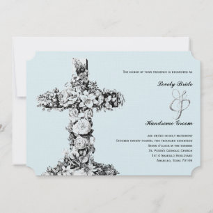 Bleek Blue Floral Cross Christia Wedding Invitatio Kaart