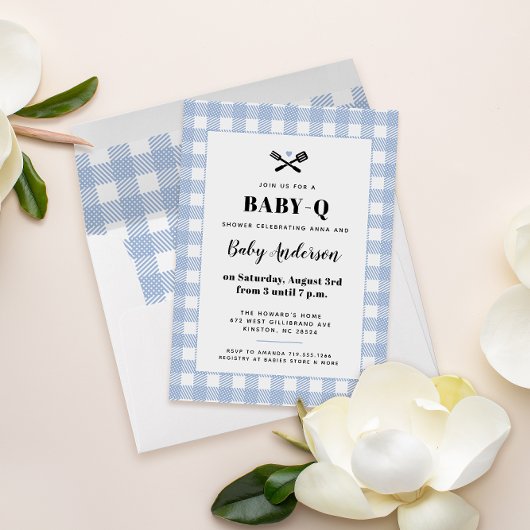 Bleek Blue Gingham Pset Baby shower BBQ Kaart