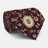 Bleek goudbloemen op chocolade bordeaux monogram stropdas (Opgerold)