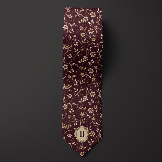 Bleek goudbloemen op chocolade bordeaux monogram stropdas