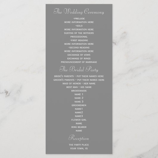 Bleek grijs huwelijksprogramma programma (Achterkant)