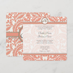 Bleek koraal en grijze Damask Wedding Invitations Kaart