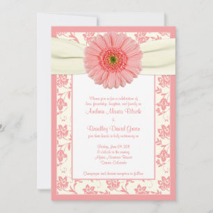 Bleek koraal Gerbera ivory Floral Wedding Invitati Kaart