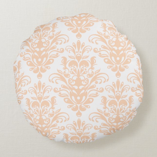 Bleek koraalroze en wit Elegant Damask Patroon Rond Kussen (Achterkant)