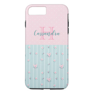 Bleek Mint Green met roze bloemen en pooldots iPhone 8 Plus / 7 Plus Hoesje