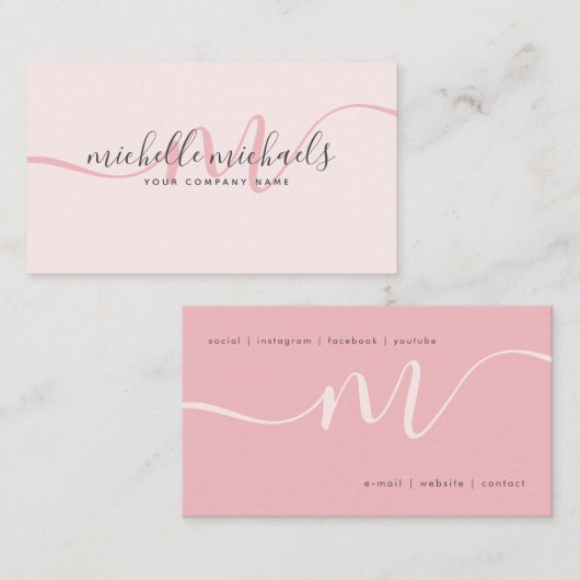  Bleek Roze Blush Minimale monogram script  Visitekaartje (Voorkant / Achterkant)