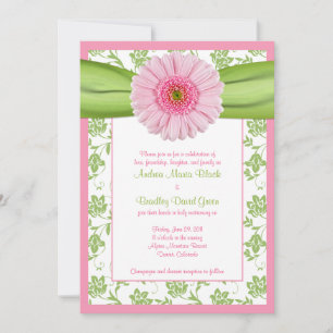 Bleek roze Gerbera Green Floral Wedding Invitation Kaart