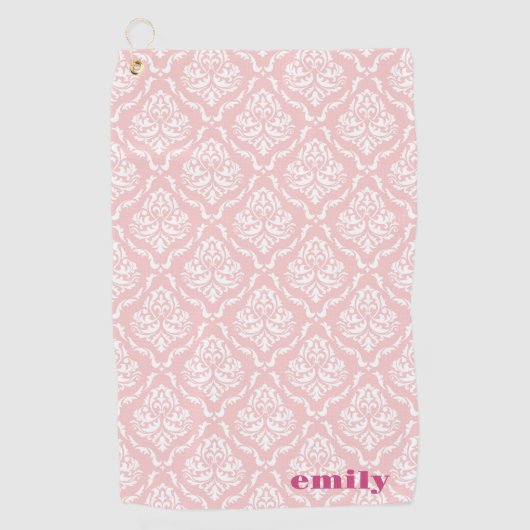 Bleek roze op wit damast patroon monogram golfhanddoek (Voorkant)