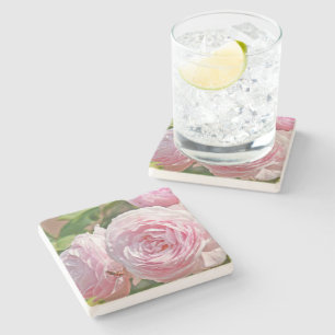 "BLEEK ROZE ROZEN" TRAVERTIJN STENEN COASTER ONDERZETTER