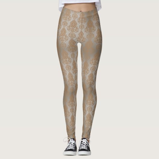 Bleek Taupe Damask Filigree Scroll "Burnout Kijk" Leggings (Voorkant)