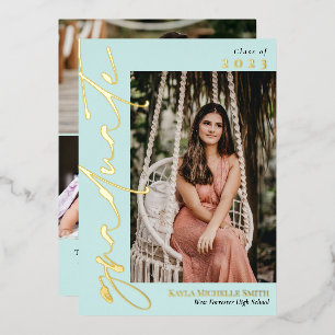 Bleek Turquoise Gouden Calligraphy Foto Afstudeerf Folie Uitnodiging