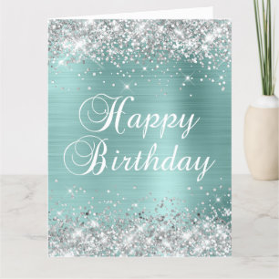 Bleek Turquoise Zilveren Glitter Grote Verjaardag Kaart