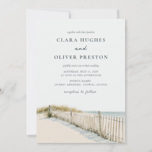Bleek Zand Teal Script Cape Cod Duingras Bruiloft Kaart