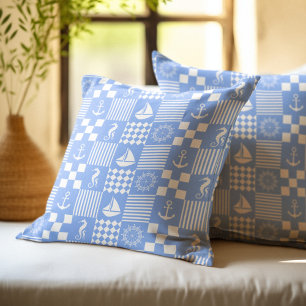 Bleekblauw Maritiem Patchwork Patroon Kussen