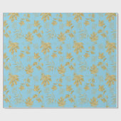 Bleekblauwe en goudkleurige planten en bladeren cadeaupapier (Vlak)