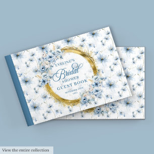 Bleekblauwe Gouden Glitter Waterverf Bloemen Bruid Gastenboek