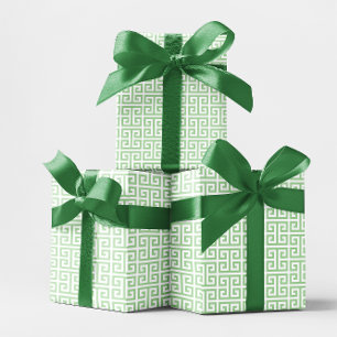 Bleekgroen en wit Grieks sleutelpatroon Cadeaupapier