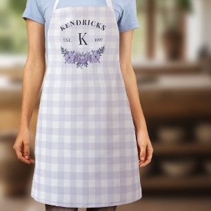 Bleekpaarse Gingham Bloemenfamilie Monogram Schort