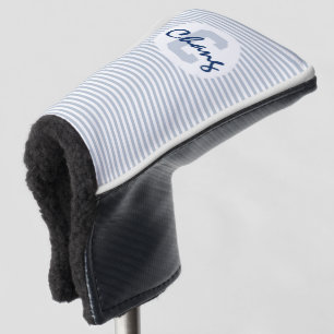 Bleke blauw grijs en witte strepen met monogram golfheadcover