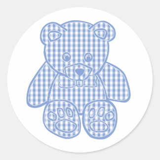 Bleke Blauwe Pastel Gingham Teddybeer Ronde Sticker