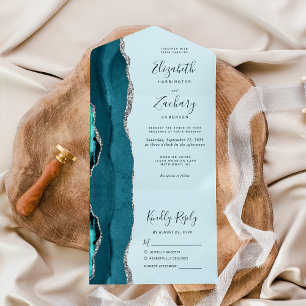 Bleke Blauwgroen Blauwe Zilveren Agaat Wedding All In One Uitnodiging