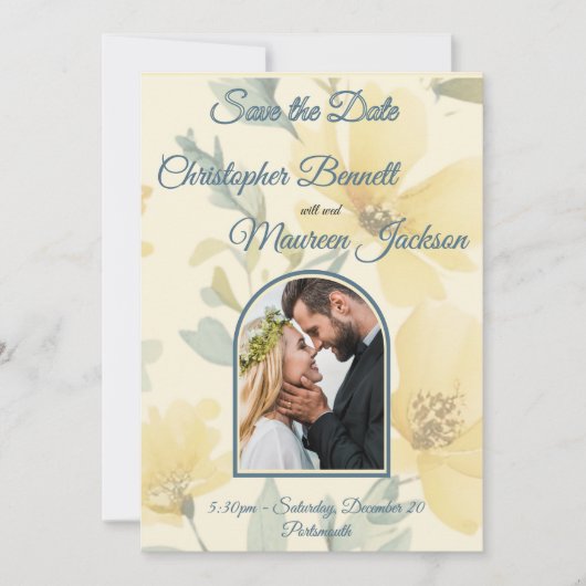 Bleke Boter Geel Zacht Blauw Bloemen Huwelijk Save The Date (Voorkant)