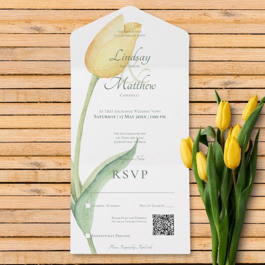 Bleke gele tulp solo roze moderne QR-code All In One Uitnodiging