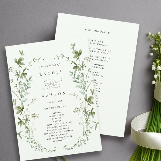Bleke groene Elegant Wildflower Wedding-ceremonie Programma