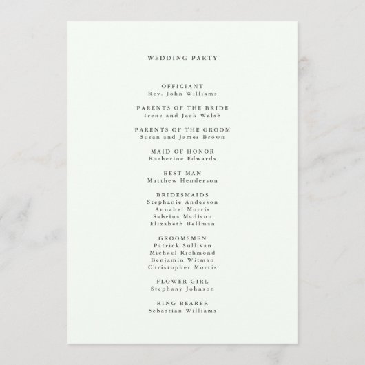 Bleke groene Elegant Wildflower Wedding-ceremonie Programma (Achterkant)