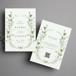 Bleke groene elegante Waterverf Wildflower Wedding Save The Date