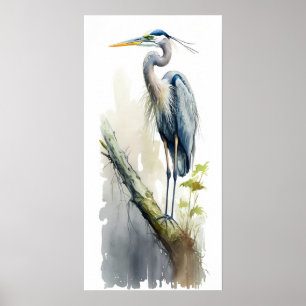 Bleke Majesteit Grote Blauwe Reiger Gezeten AI Nat Poster