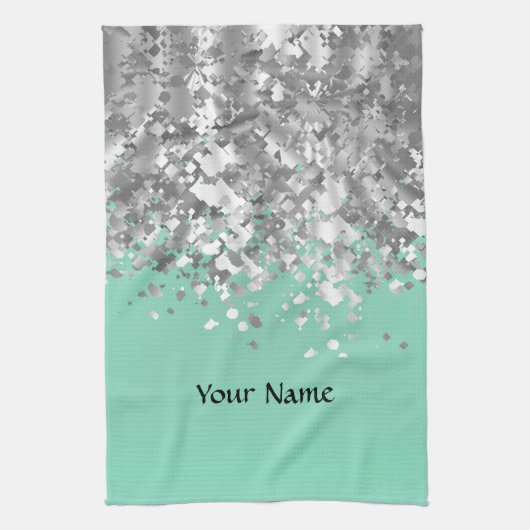 Bleke munt groen en faux glitter gepersonaliseerd theedoek (Verticaal)