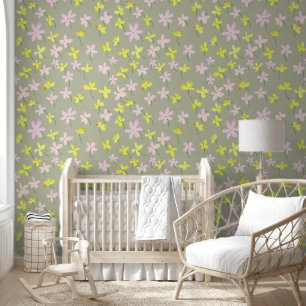 Bleke Olijf Khaki Sage Beige Geel Roze Bloemen Nur Behang