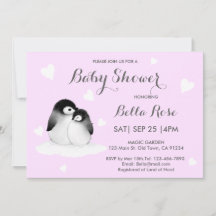 Bleke Paarse hartslag Penguin Baby Shower Invitati