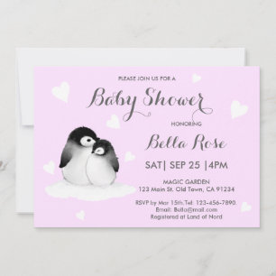Bleke Paarse hartslag Penguin Baby Shower Invitati