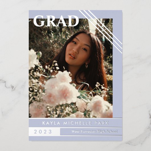 Bleke Periwinkle Silver Lines Foto Afstuderen Folie Uitnodiging (Voorkant)