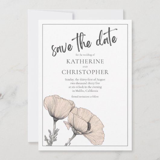 Bleke perzik papavers Elegante bloemenbruiloft Save The Date (Voorkant)