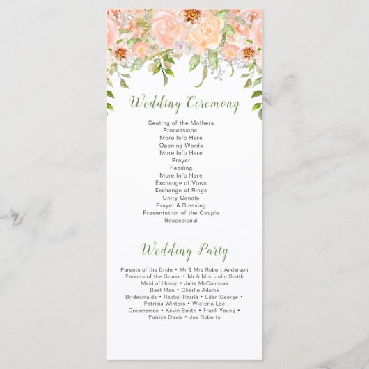 Bleke perzik Rozen en groen bruiloft programma (Achterkant)
