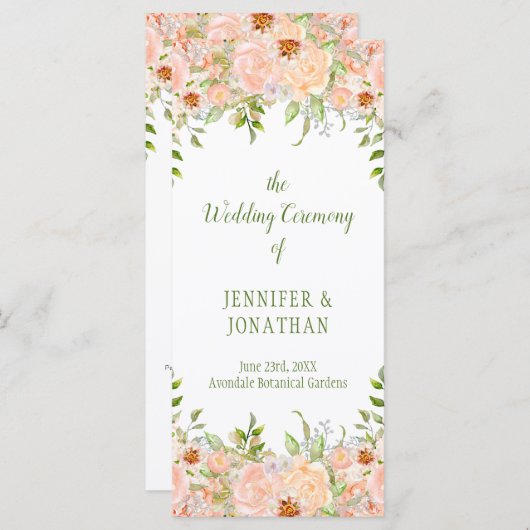 Bleke perzik Rozen en groen bruiloft programma (Voorkant / Achterkant)