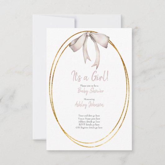 Bleke Roze Bow Baby shower Invitation Kaart (Voorkant)
