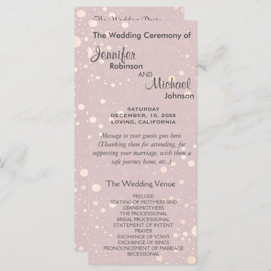 Bleke Roze met Circle Glitter Wedding Program Programma (Voorkant / Achterkant)