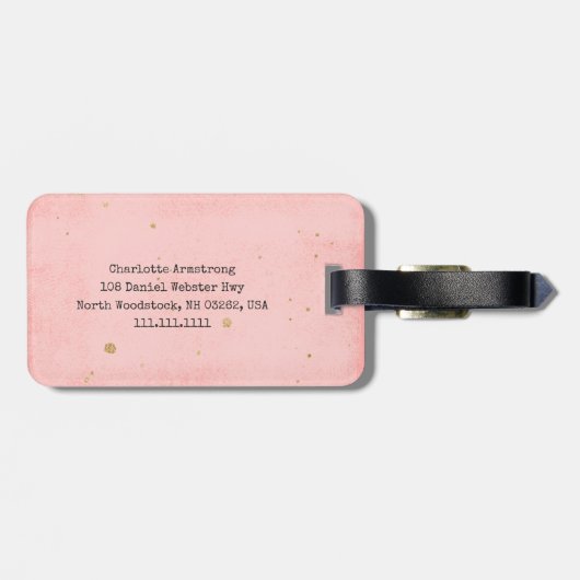 Bleke roze minimalistische gouden monogram vliegtu bagagelabel (Achterkant horizontaal)